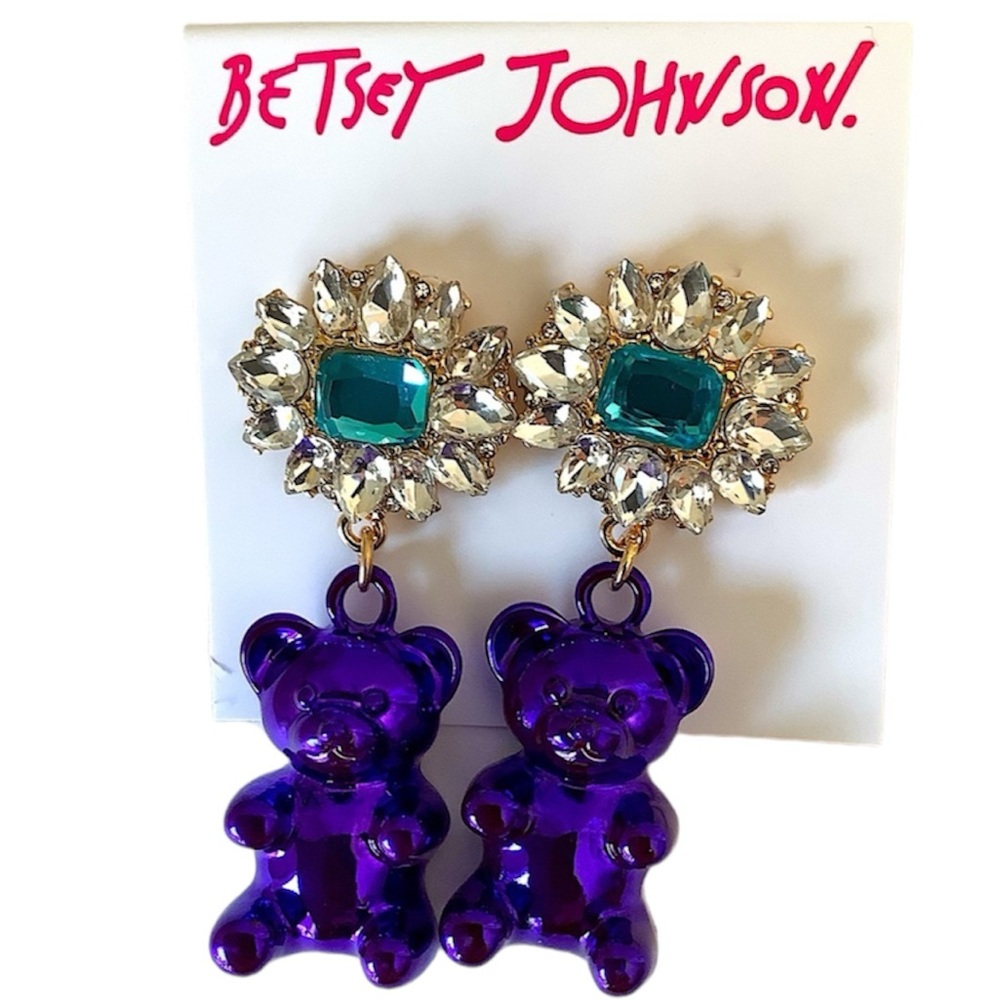 💜🧸BETSEY JOHNSON Metallic Purple Gummy Bear Drop Crystal Flower Earrings 90s